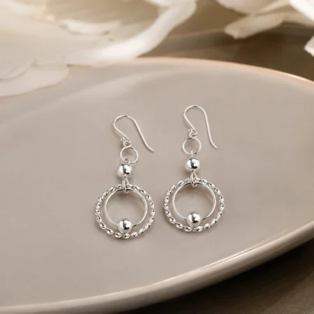 Silver Double Circle Drop Earrings