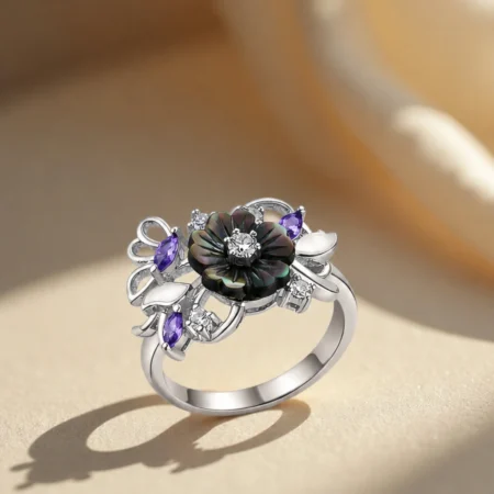 Midnight Bloom Silver Floral Ring