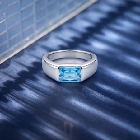 Luxe Emerald-Cut Gemstone Silver Ring – Blue, Ruby Red & Golden Yellow Variations
