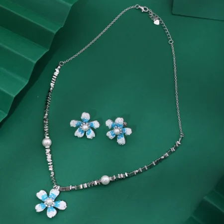 Aqua Bloom Pearl Necklace & Earrings Combo