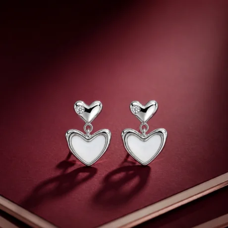 Silver Double Heart Drop Earrings