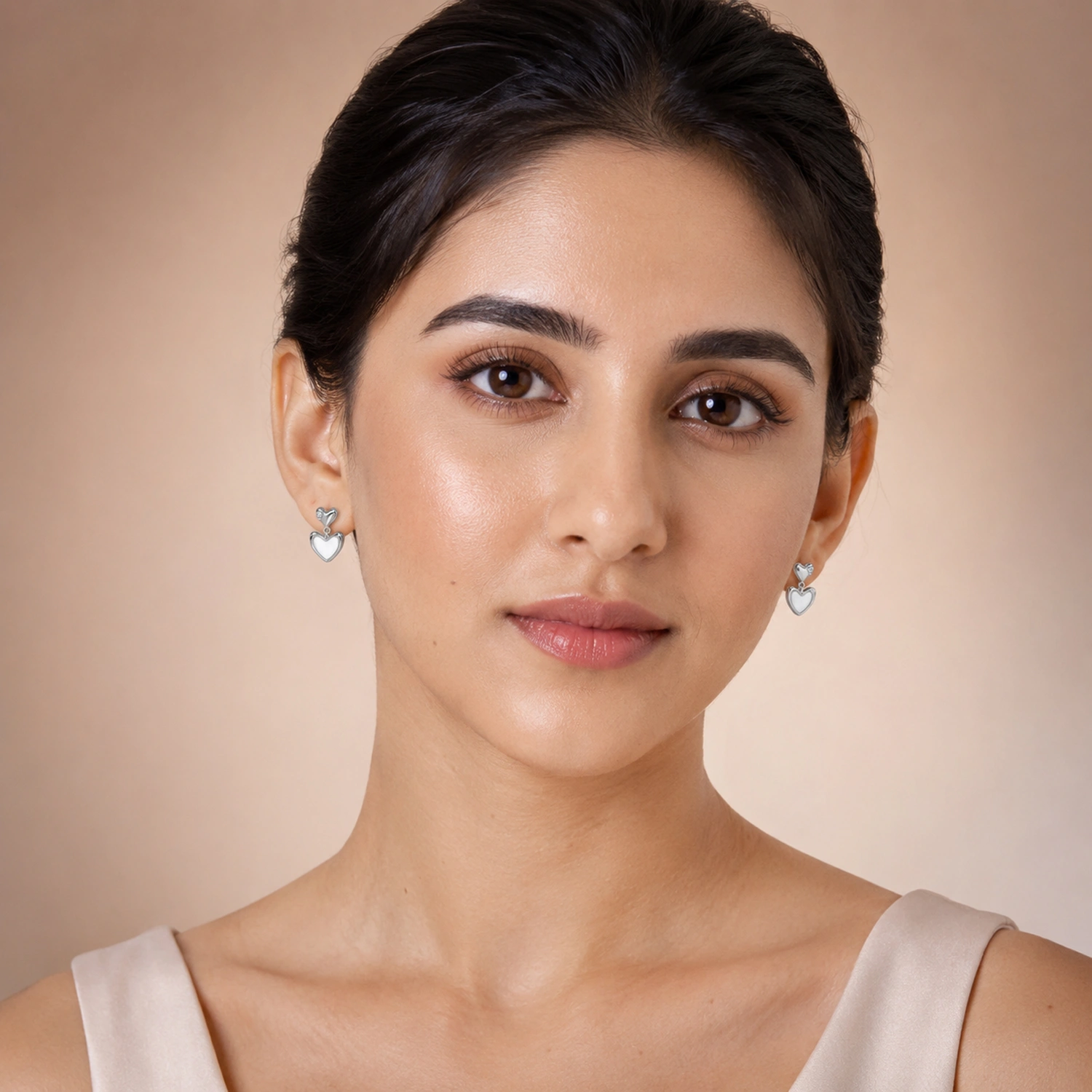 Silver Double Heart Drop Earrings - Image 2