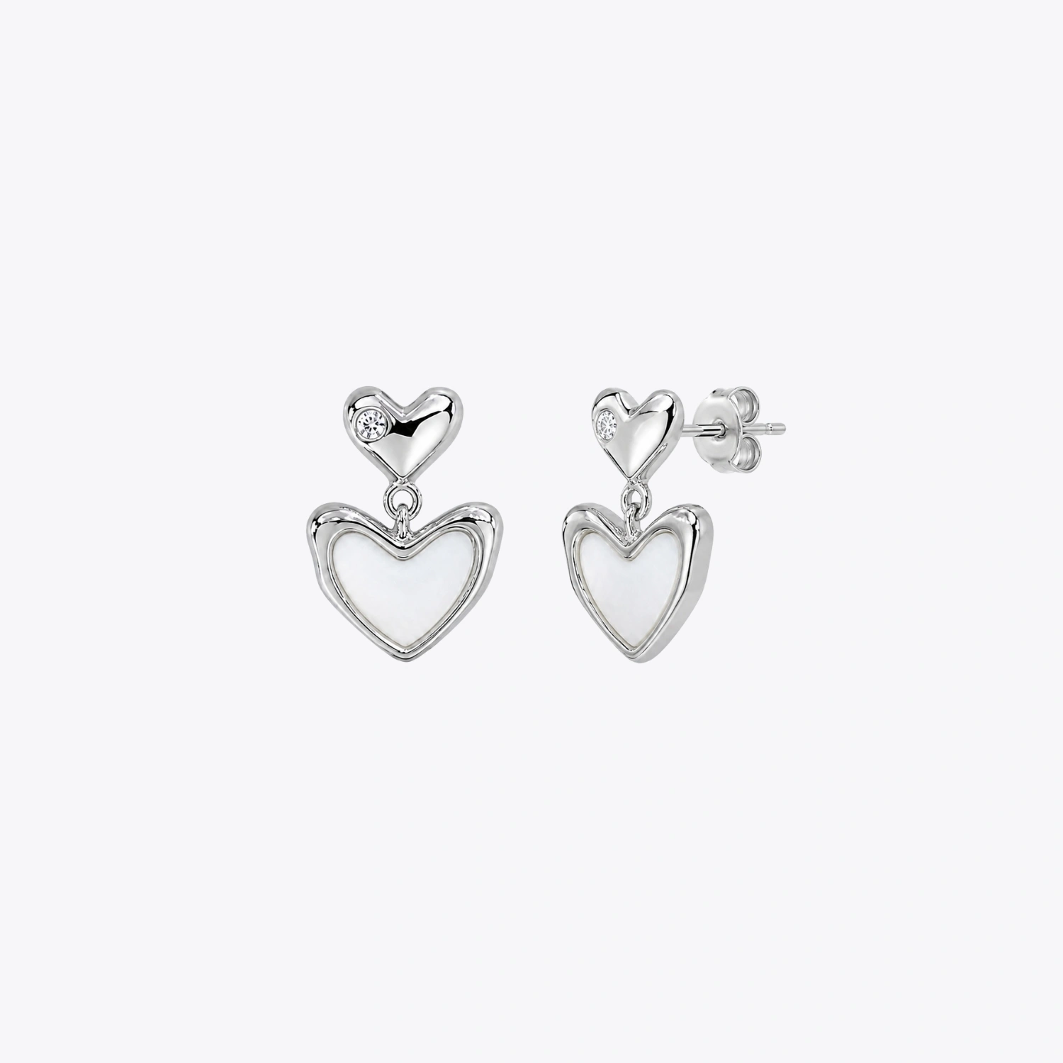 Silver Double Heart Drop Earrings - Image 3