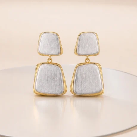 Dual-Tone Brushed Square Drop Earrings