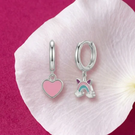 Pink Heart & Rainbow Charm Hoop Earrings