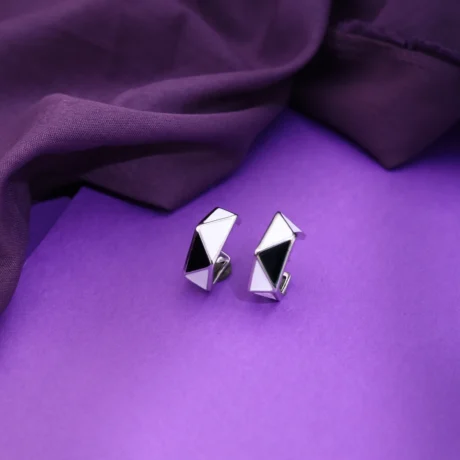Geometric Black & White Silver Hoop Earrings