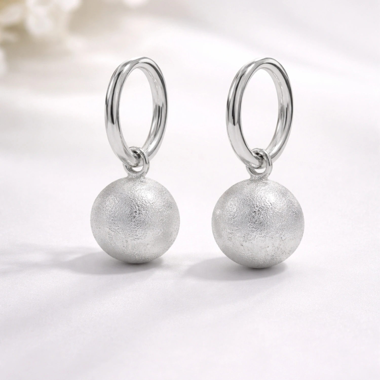 Silver Oval Hoop Ball Drop Earrings