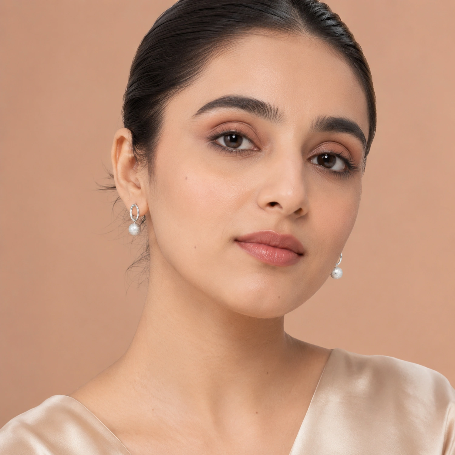 Silver Oval Hoop Ball Drop Earrings - Image 2