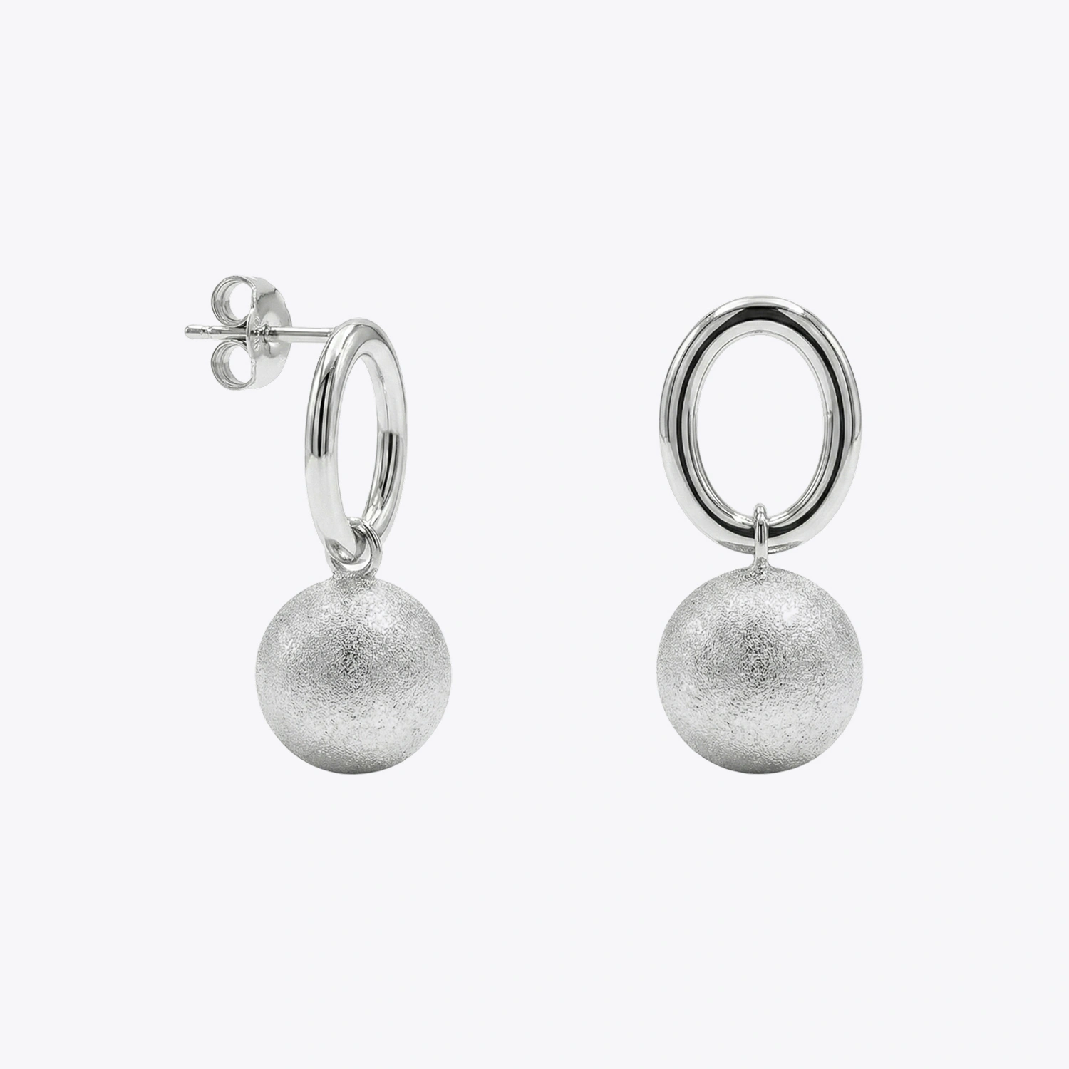 Silver Oval Hoop Ball Drop Earrings - Image 3