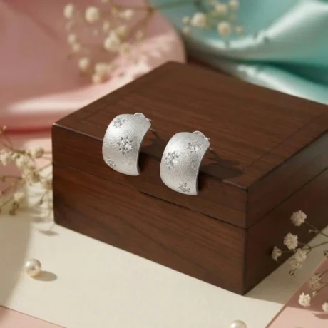 Silver Textured Floral Huggie Earrings