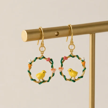 Golden Bird Garden Hoop Earrings