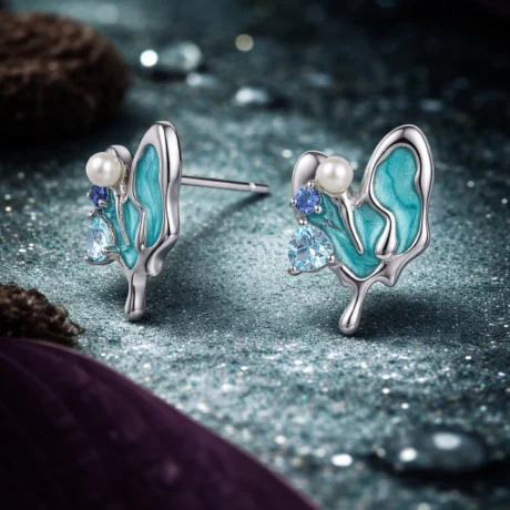 Aqua Butterfly Silver Stud Earrings