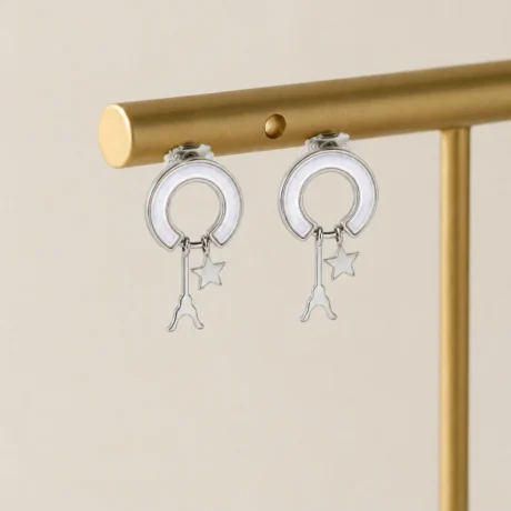 Silver Crescent Moon & Star Drop Earrings
