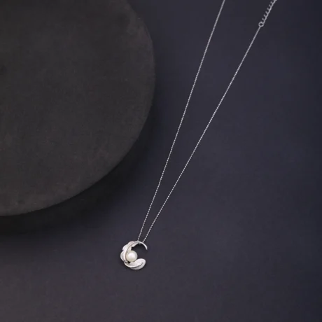 Pearl Feather Crescent Pendant Necklace
