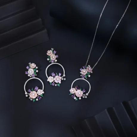 Peach Blossom Floral Silver Pendant Set with Earrings